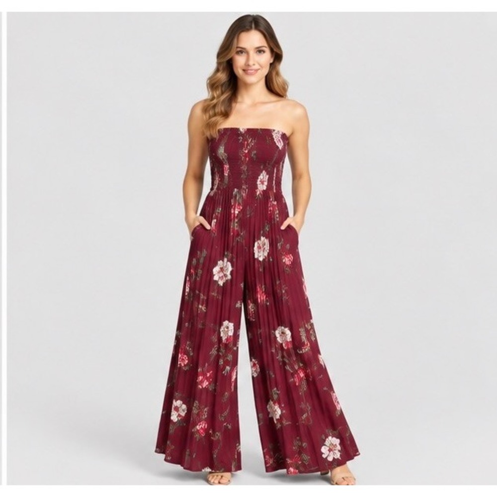 F Women OS Maroon Floral Sleeveless Jumper Wide Leg Smocked Boho Jumpsuit Rayon